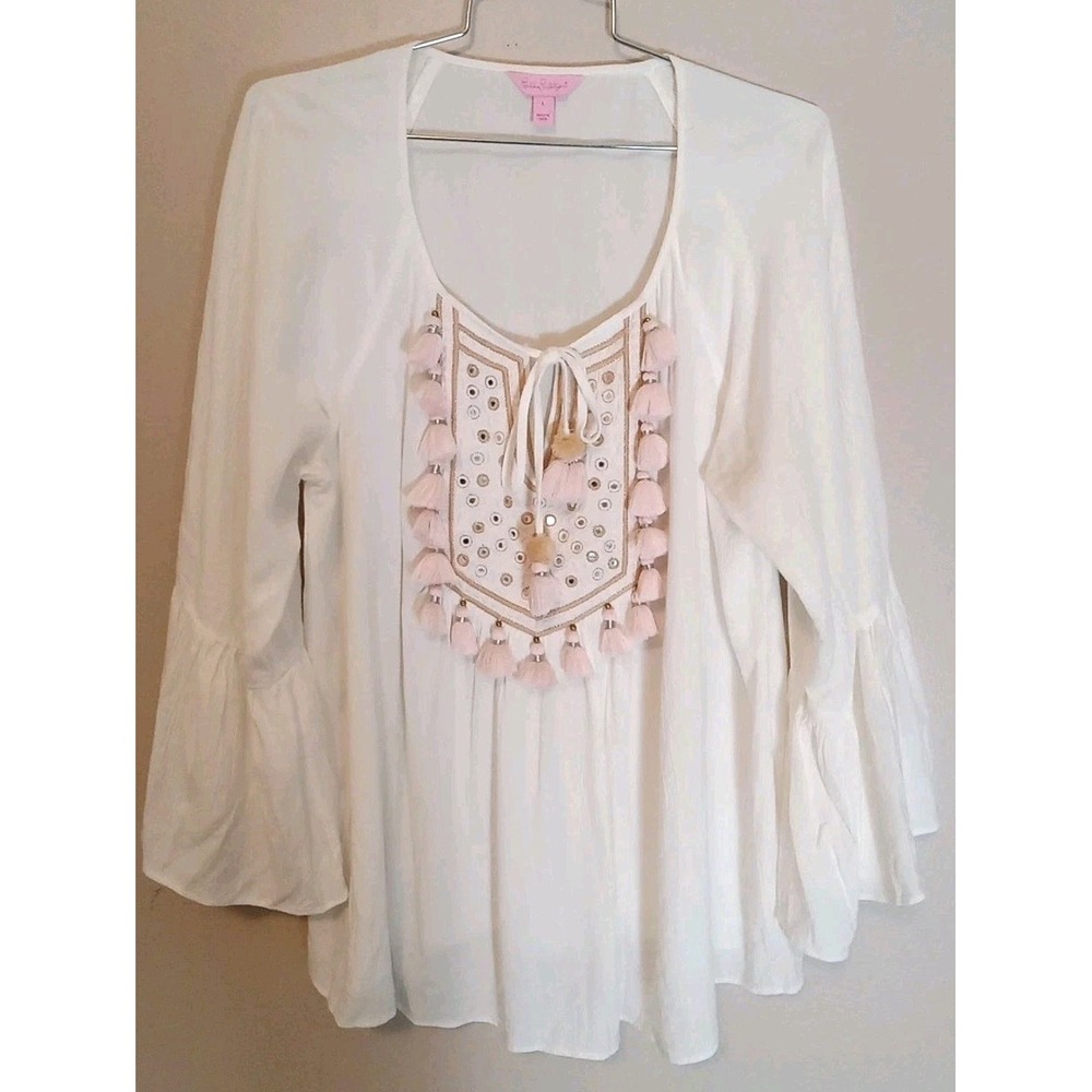 lilly pulitzer Women White Pink Pompom Mirror Effect Cutout Top Size L